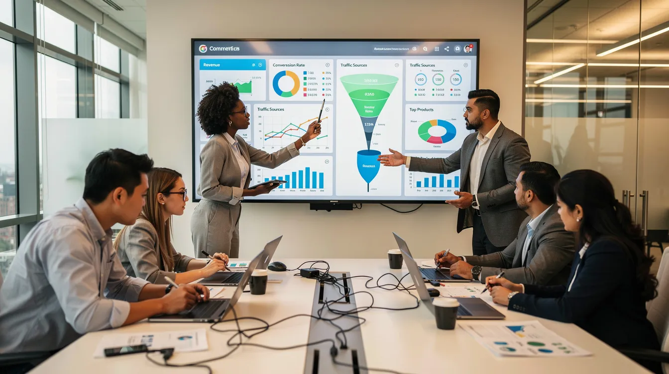 The image shows a diverse team of professionals collaborating around a large screen that displays ecommerce analytics dashboards, highlighting key metrics and data analysis for their marketing strategy. This scene captures the essence of ecommerce consulting services, as the team focuses on optimizing online sales and improving customer engagement through data-driven decision making.