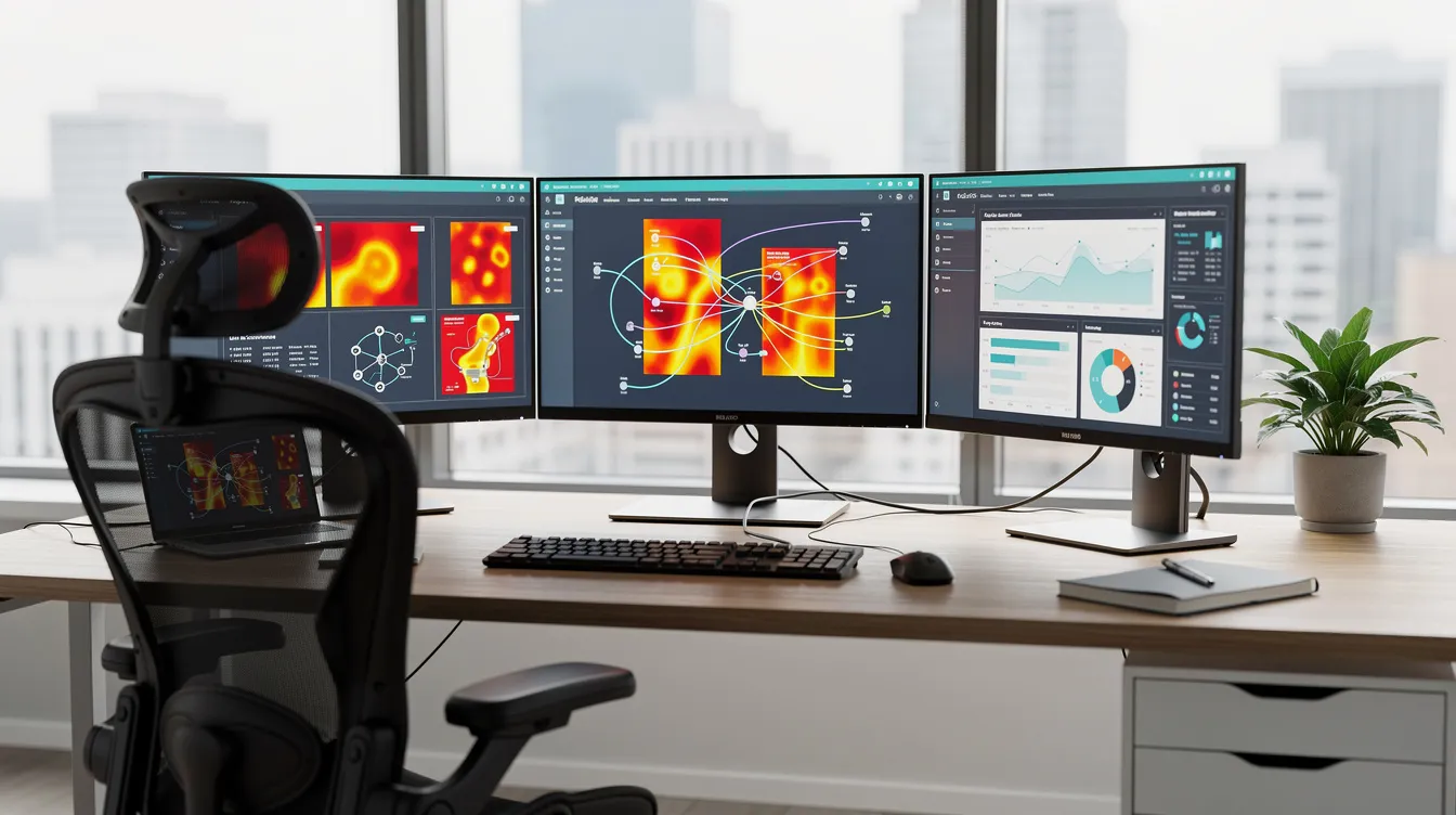 The image depicts a modern office workspace featuring multiple monitors displaying website heatmaps and user flow diagrams, essential tools for ecommerce consulting services. This setup is designed to analyze user behavior and optimize conversion rates, helping businesses enhance their digital strategy and improve customer engagement.