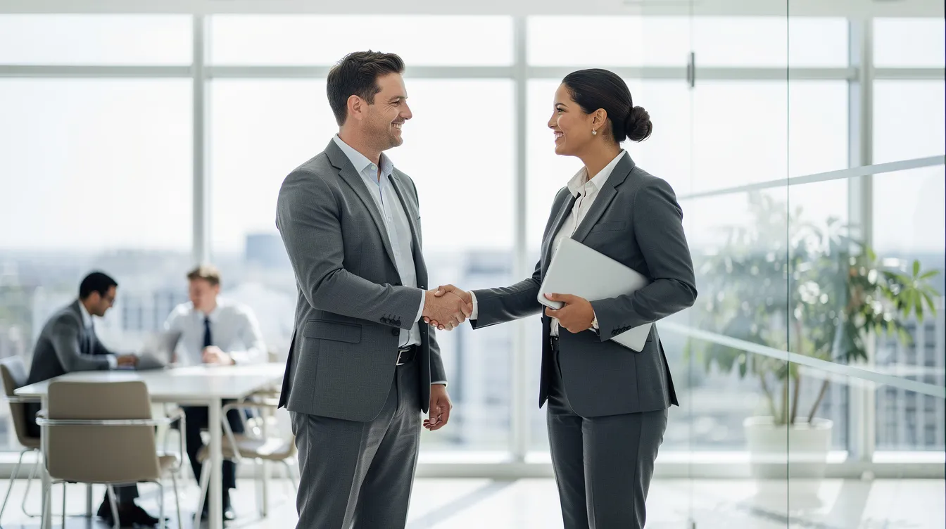 In a bright modern office, a business owner and an ecommerce consultant are shaking hands, symbolizing a partnership aimed at enhancing business growth through effective ecommerce consulting services. The setting reflects a professional atmosphere conducive to discussing marketing strategies and digital solutions for online sales.
