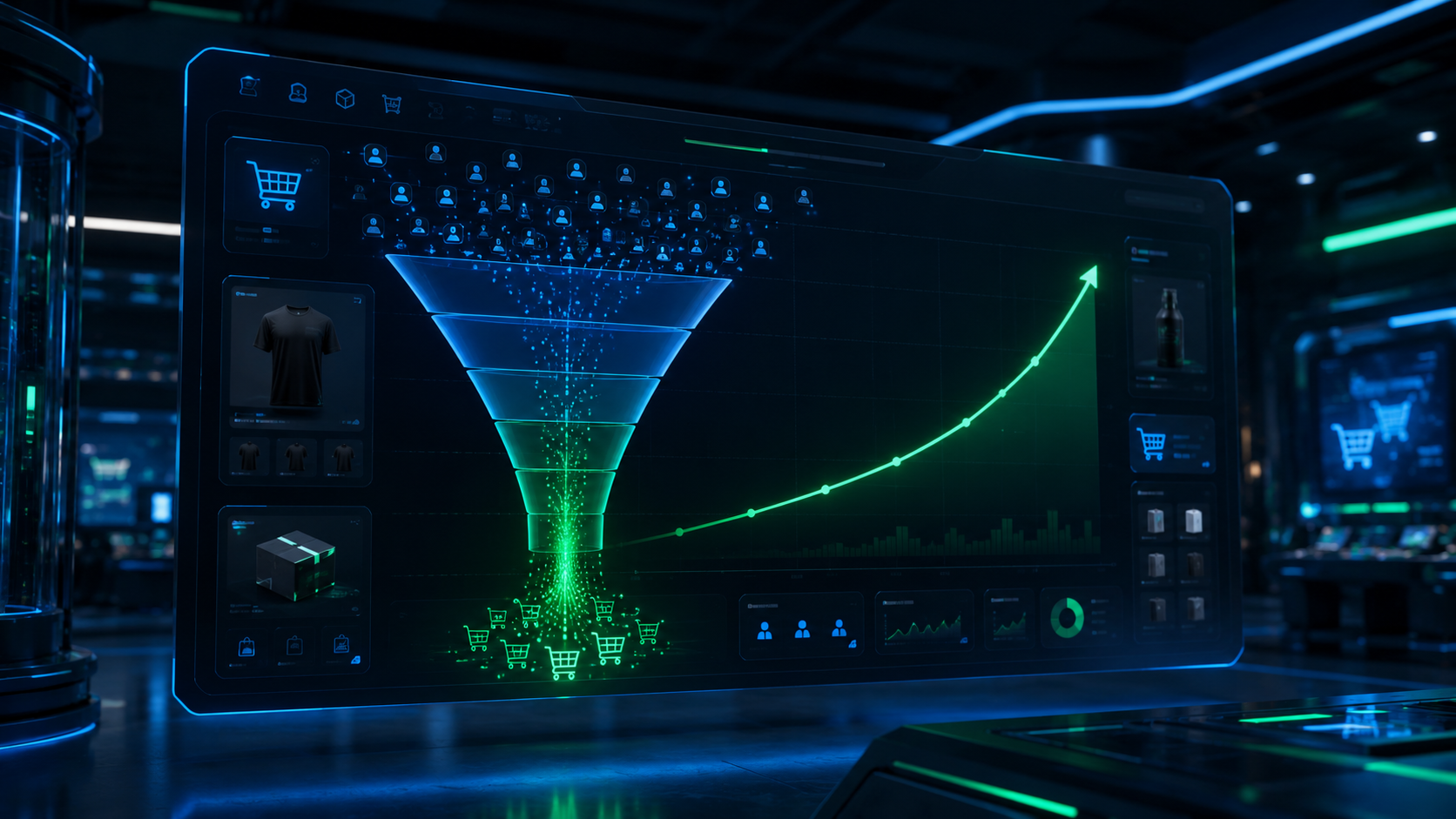 AI-powered Shopify conversion funnel visualization showing visitors entering the top of the funnel and converting into paying customers, with a rising revenue growth curve