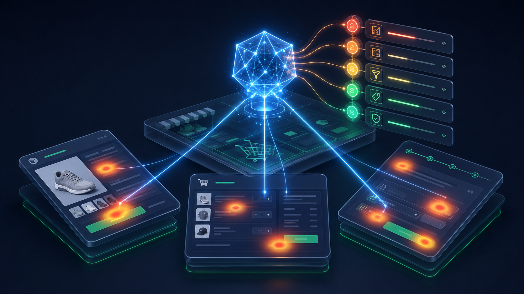 Unified AI data layer connecting Shopify product pages, cart, and checkout with behavioral heatmaps and scored customer segments