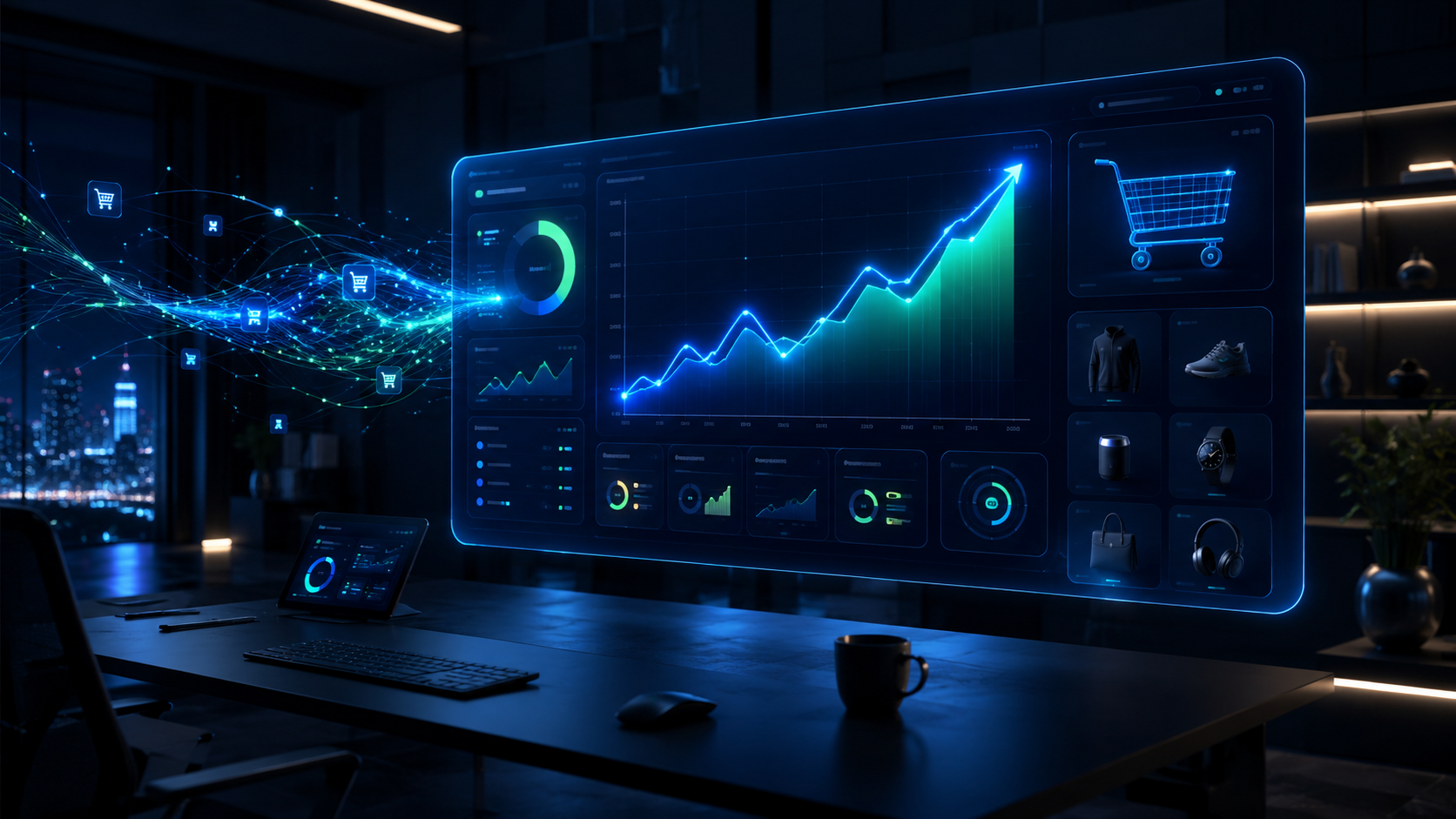 AI-powered ecommerce PPC dashboard visualizing ROAS growth across Google Shopping, search, and social ad campaigns