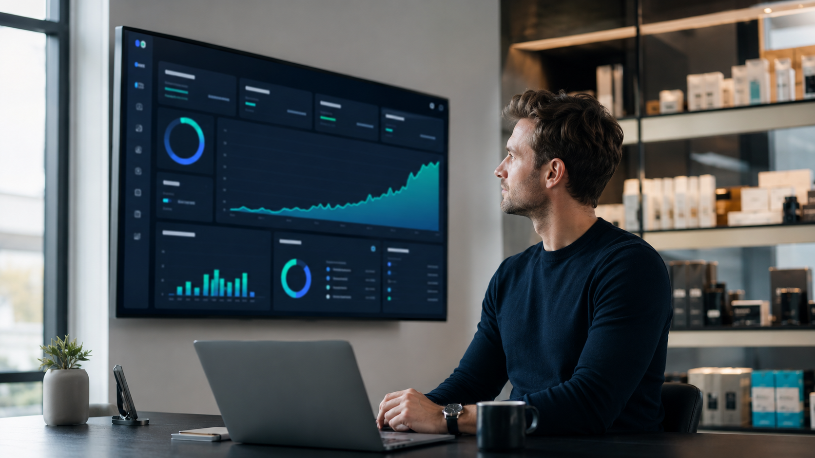 Ecommerce founder reviewing AI-driven PPC campaign performance dashboard for their DTC brand