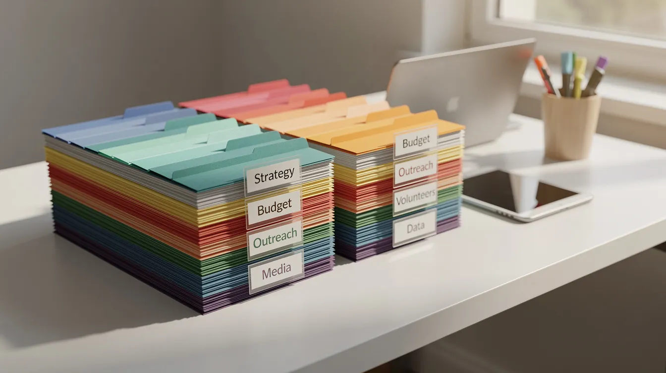The image depicts a clean desk with neatly organized, color-coded file folders, symbolizing effective campaign organization for PPC advertising. This setup suggests a structured approach to managing ad spend and optimizing ecommerce PPC campaigns, ensuring that marketing goals are met efficiently.