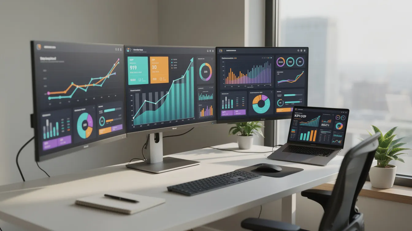 The image depicts a modern office workspace featuring multiple computer screens displaying vibrant analytics dashboards and growth charts, indicative of a digital marketing agency's focus on ecommerce growth and performance marketing strategies. The setup suggests a collaborative environment aimed at enhancing client satisfaction and driving online sales through data-driven decisions.