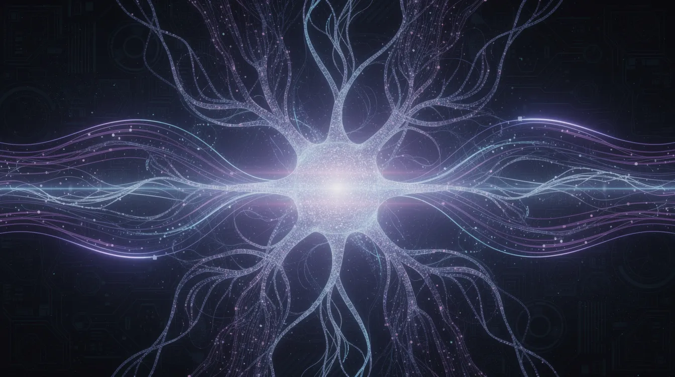 The image features an abstract visualization of interconnected neural networks and dynamic data streams flowing through a central hub, depicted in shades of blue and purple. This representation symbolizes the complex digital marketing strategies employed by an ecommerce marketing agency to enhance online sales and drive sustainable growth.