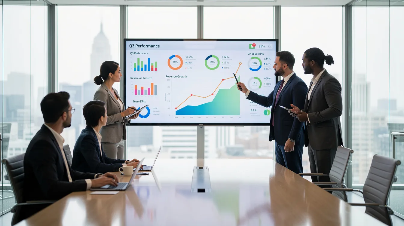 A professional team is collaborating in a modern glass-walled conference room, gathered around a large digital screen displaying performance charts related to their digital marketing efforts. This setting highlights the importance of teamwork in an ecommerce growth agency, focusing on strategies to enhance online sales and boost brand visibility.