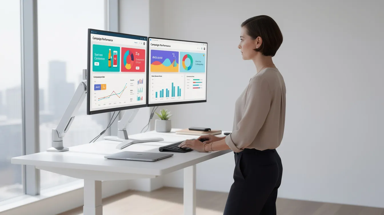 The image shows a woman working at a standing desk in a bright, minimalist office, with dual monitors displaying data related to digital marketing campaigns. This setting reflects the dynamic environment of an ecommerce marketing agency focused on driving sustainable growth and enhancing brand visibility.