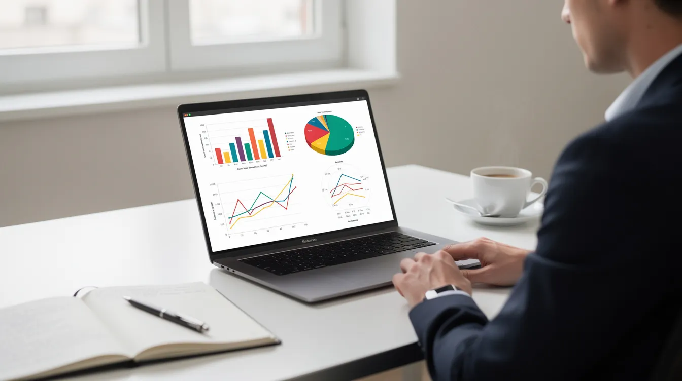 A person is seated at a clean desk, focused on their laptop displaying various data visualizations. Next to them, a coffee cup and a notebook are placed, suggesting a productive environment often associated with digital marketing strategies and ecommerce growth.
