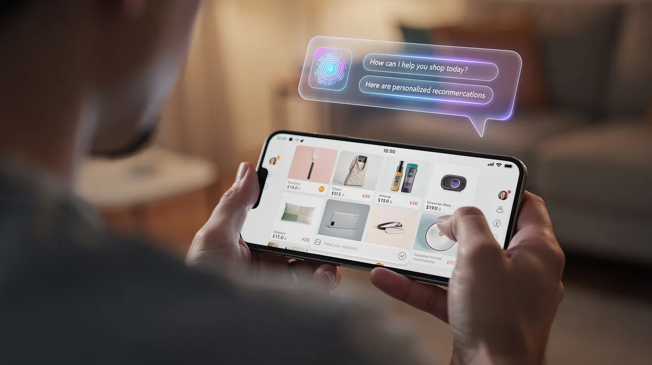 A person is browsing products on a smartphone, with a glowing AI assistant interface displayed on the screen, showcasing AI-generated responses to user queries. This scene highlights the integration of AI-driven search engines and tools in enhancing the online shopping experience.