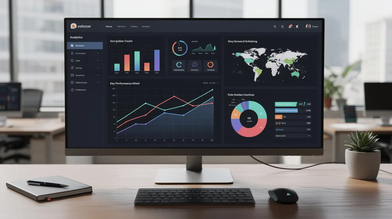 The image showcases a modern analytics dashboard on a large monitor within an office, displaying various metrics and visualizations related to user queries and search results. This setup emphasizes the importance of AI-driven search engines and generative AI tools in enhancing a website's visibility and optimizing digital marketing strategies.